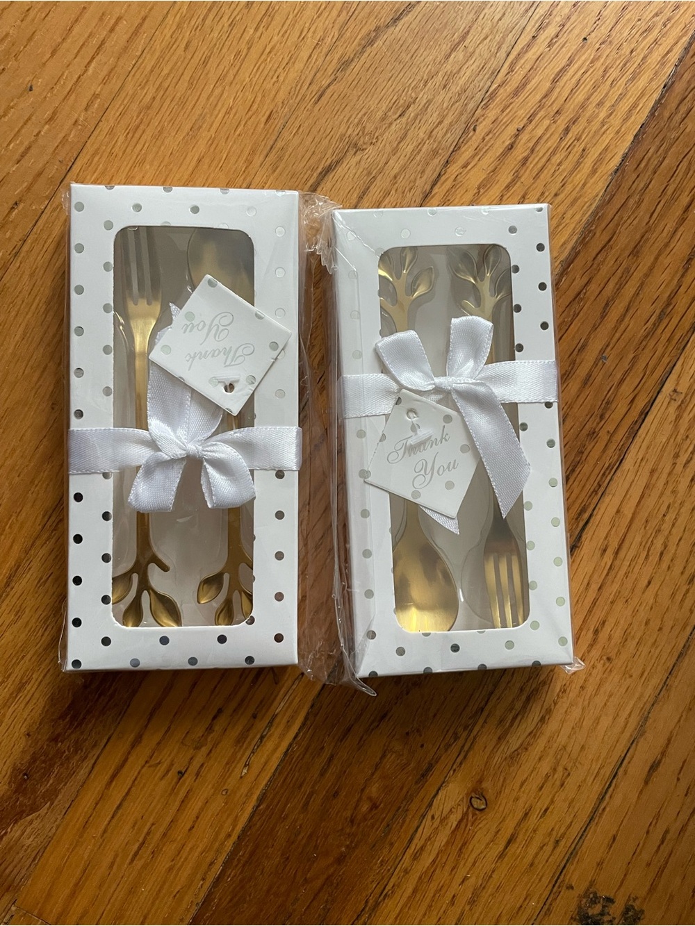 Gold Dessert Fork and Spoon Party Favor Set with White Ribbon